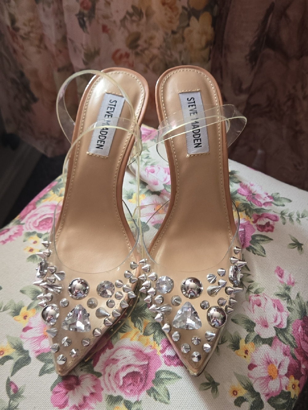 Steve Madden Nude Pointed Crystal & Silver Stud Slingback Heels